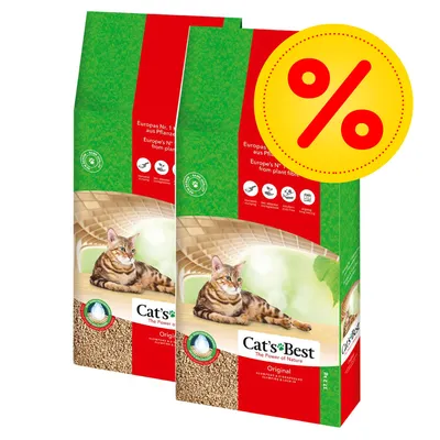 Två förpackningar Cat's Best Original kattsand med bild på katt och stor gul rabatt-symbol (%) synlig. Text: Europas Nr. 1, The Power of Nature, från växtfibrer.