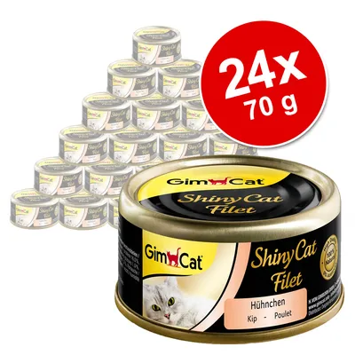 Lot de 24 boîtes GimCat ShinyCat Filet, 70 g chacune, saveur poulet. Texte visible : Hühnchen Kip Poulet. Image d’une boîte avec photo de chat et logo GimCat.