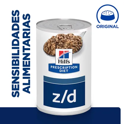 Lata de Hill's Prescription Diet z/d con comida húmeda y texto visible: 'Sensibilidades alimentarias' y 'Original'. Lata de Hill's Prescription Diet z/d con comida húmeda y texto visible: 'Sensibilidades alimentarias' y 'Original'.