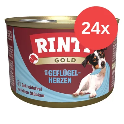 Rinti Gold mit Geflügelherzen, 24x. Getreidefrei, In feinen Stücken. Widoczny pies na opakowaniu. Tekst w języku niemieckim.
