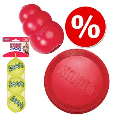 Set de jucării KONG cu KONG Classic roșu, frisbee roșu și mingi de tenis AirDog galbene. Simbol de reducere (%) vizibil.
