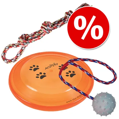 Dog Activity -frisbee, narupallo ja monivärinen köysilelu. Punainen alennusmerkki (%) oikeassa yläkulmassa.