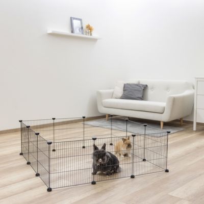 Metalen buitenren met traliewanden, twee konijnen in de ren. Geschikt voor binnen, modern woonkamerinterieur op de achtergrond.