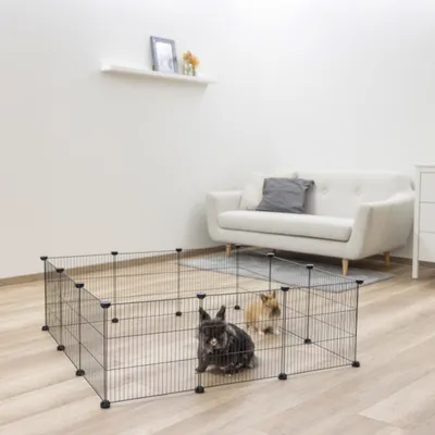 Enclos rectangulaire en métal noir pour petits animaux, deux lapins à l’intérieur, installé dans un salon avec canapé clair et étagère murale.