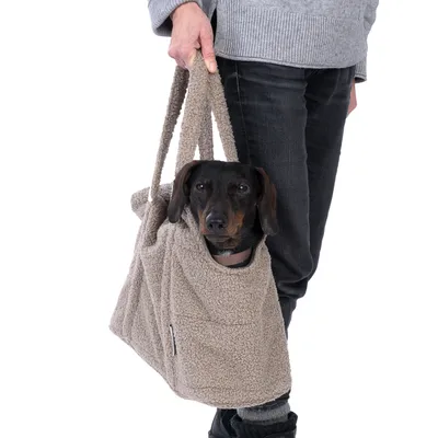 Petit chien noir et marron dans un sac de transport en tissu beige porté à la main par une personne en pull gris et pantalon foncé. Sac avec anses épaisses, matière effet polaire.