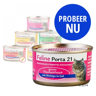 Feline Porta 21 kattenvoer, blik met opschrift: 'ganzes Thunfischfleisch mit Shrimps in Gel'. Blauwe cirkel met tekst: 'PROBEER NU'. Meerdere varianten zichtbaar op de achtergrond.