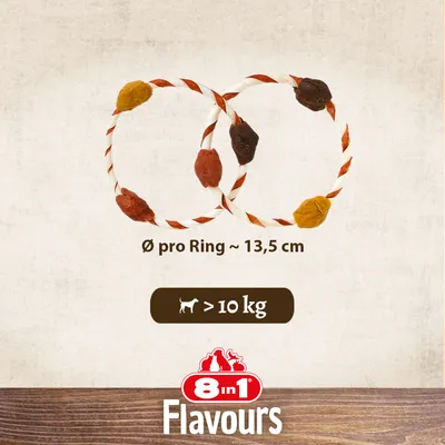 8in1 Flavours hondensnack, diameter per ring ca. 13,5 cm, geschikt voor honden boven 10 kg.