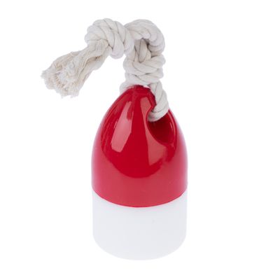 Leksak med röd och vit plastkropp, bomullsrep fäst upptill.