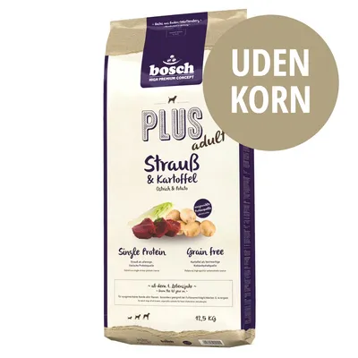 bosch PLUS adult Strauß & Kartoffel, Single Protein, Grain Free, UDEN KORN, 12,5 kg. Billede af tørfoder med struds og kartoffel synligt på emballagen.