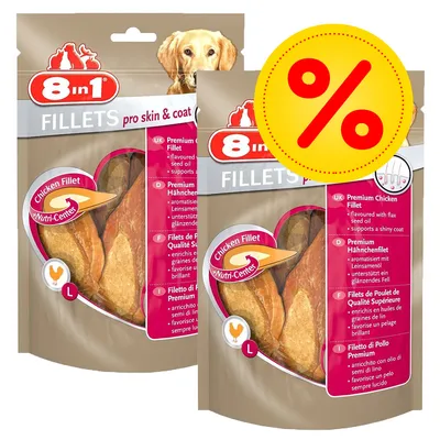 8in1 Fillets pro skin & coat, Chicken Fillet, voordeelverpakking met grote gele procentsticker. Tekst: Premium Chicken Fillet, Nutri-Center, L-formaat zichtbaar op verpakking.