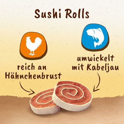 Sushi Rolls, reich an Hähnchenbrust und umwickelt mit Kabeljau. Zwei Sushi-Rollen abgebildet.