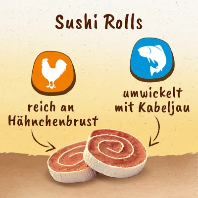 Sushi Rolls, reich an Hähnchenbrust und umwickelt mit Kabeljau. Zwei Sushi-Rollen abgebildet.
