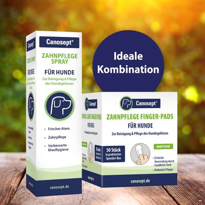 Canosept tandverzorgingsspray en vingerpads voor honden. Voor reiniging en verzorging van het gebit. Frisse adem, verbeterde mondhygiëne, eenvoudig in gebruik, vermindert tandplak.