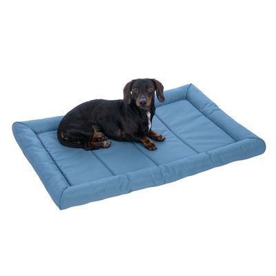 Pes leží na modré, polstrované psí podložce.
