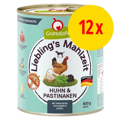 GranataPet Liebling’s Mahlzeit Huhn & Pastinaken, boîte 800 g, lot de 12. Texte visible : mit Basilikum, Holunder & Leinöl. Fabriqué en Allemagne. Illustration poulet et légumes. GranataPet Liebling’s Mahlzeit Huhn & Pastinaken, boîte 800 g, lot de 12. Texte visible : mit Basilikum, Holunder & Leinöl. Fabriqué en Allemagne. Illustration poulet et légumes.