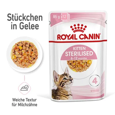 Royal Canin Kitten Sterilised 6-12 месяцев, кусочки в желе, 85 г x 12. Мягкая текстура для молочных зубов.