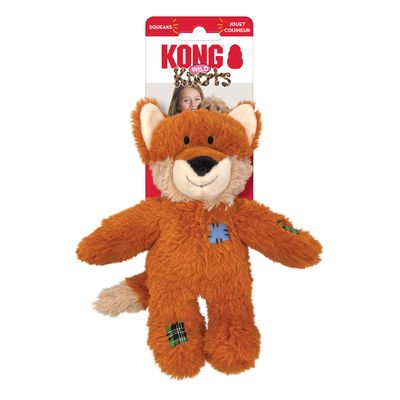 KONG Wild Knots plišana igračka u obliku lisice s izvezenim detaljima i patch naglascima. Pakiranje prikazuje 'Squeaks' i 'Jouet Couineur'.