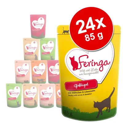 Feringa mačja hrana, pakiranje 24x85 g. Na žutoj vrećici piše: Feringa, Geflügel, mit Möhrchen & Löwenzahn, 85 g. Prikazano više različitih okusa u pozadini. Feringa mačja hrana, pakiranje 24x85 g. Na žutoj vrećici piše: Feringa, Geflügel, mit Möhrchen & Löwenzahn, 85 g. Prikazano više različitih okusa u pozadini.