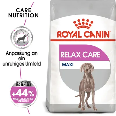 Sachet Royal Canin Relax Care Maxi, texte visible : CARE NUTRITION, Anpassung an ein unruhiges Umfeld, +44 % ausgeglicheneres Verhalten, RELAX CARE MAXI.