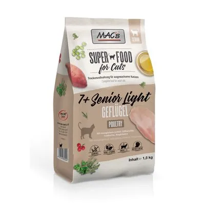 MAC's Super Food for Cats 7+ Senior Light Geflügel Poultry, droogvoer voor volwassen katten, inhoud 1,5 kg. Zichtbare pictogrammen: zonder graan, zonder suiker, met kruiden.