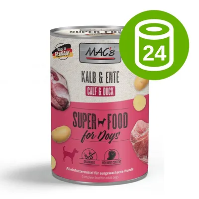 MAC's Kalb & Ente Calf & Duck Super Food for Dogs, 24 puszki. Widoczne oznaczenia: bez zbóż, wysoka zawartość mięsa, Made in Germany.