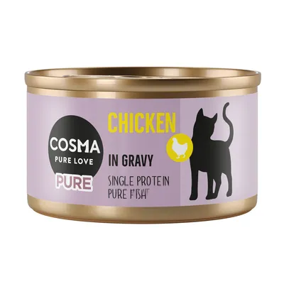 Cosma Pure Love Chicken in Gravy, Single Protein, puhdasta lihaa. Kissasiluetti ja kanan kuvake violetilla purkilla.