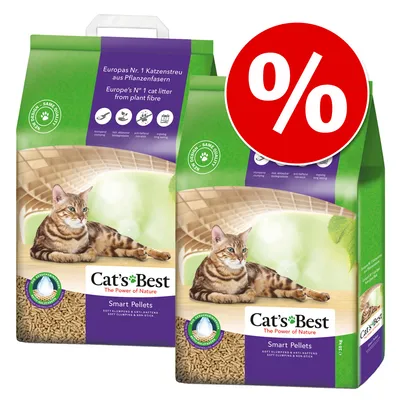 Cat's Best Smart Pellets kattströ av växtfibrer, Europas nr 1, mjukt klumpande och anti-klibbigt, erbjudande med röd procentsymbol.
