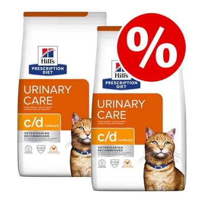 Hill's Prescription Diet Urinary Care c/d Multicare cat food, two bags with orange and white packaging, visible cat image, large percentage discount symbol in red circle Hill's Prescription Diet Urinary Care c/d Multicare cat food, two bags with orange and white packaging, visible cat image, large percentage discount symbol in red circle