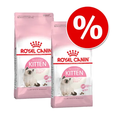 Royal Canin Second Age Kitten Trockenfutter, zwei rosa Verpackungen mit Kätzchenabbildung und rotem Prozentzeichen für Rabattaktion.