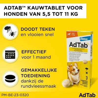 Elanco AdTab kauwtabletten voor honden 5,5–11 kg, doodt vlooien en teken, werkzaam 30 dagen, 3 tabletten van 225 mg lotilaner zichtbaar op verpakking.