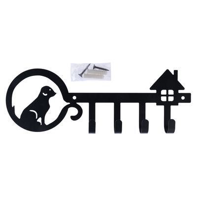 Porte-clés mural en métal noir, forme de clé avec silhouette de chien et maison, 4 crochets, vis et chevilles incluses visibles dans un sachet.
