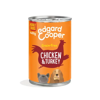 Edgard & Cooper Adult Dogs 400g, Grain-Free Chicken & Turkey natvoer blik met illustraties van twee honden op oranje achtergrond.