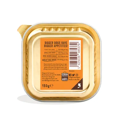 Voedingsadvies per hondengrootte: 120–400 g voor kleine honden, 460–670 g voor middelgrote, 720–1130 g voor grote, 1170–1540 g voor zeer grote honden. Edgard & Cooper, 150 g.