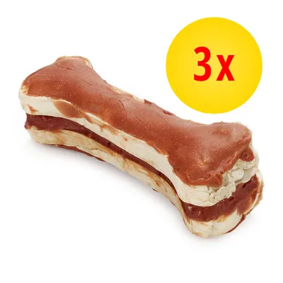 Kauknochen mit brauner und weißer Schicht, gelber Kreis mit roter Aufschrift '3x' für Dreierpack Kauknochen mit brauner und weißer Schicht, gelber Kreis mit roter Aufschrift '3x' für Dreierpack
