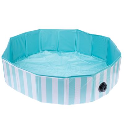 Ośmiokątny basen z niebiesko-białymi paskami i zaworem spustowym wody, odpowiedni dla zwierząt domowych lub do użytku na zewnątrz.