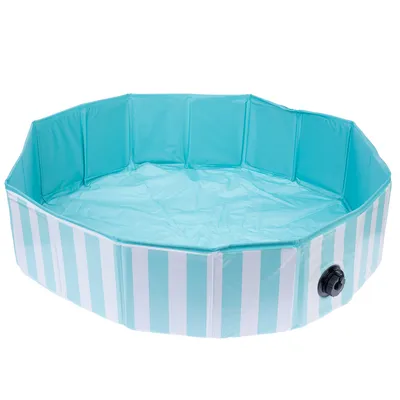 Achtkantiger Pool mit blau-weissen Streifen und Wasserablassventil, geeignet für Haustiere oder Outdoor-Nutzung.