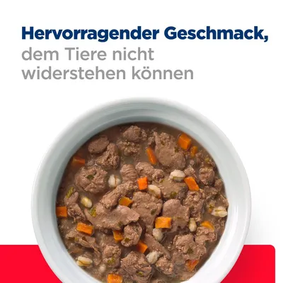 Texte en allemand : Hervorragender Geschmack, dem Tiere nicht widerstehen können. Bol de nourriture humide avec morceaux de viande, carottes et céréales visibles.