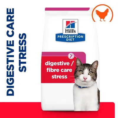 Hill's Prescription Diet Digestive/Fibre Care Stress суха храна за котки, изображение на котка и икона на пиле. Видим текст: digestive/fibre care stress. Hill's Prescription Diet Digestive/Fibre Care Stress суха храна за котки, изображение на котка и икона на пиле. Видим текст: digestive/fibre care stress.
