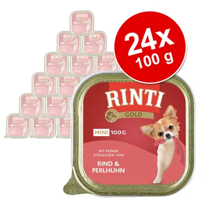 RINTI Gold MINI 100 g, hovädzie a perlička, balenie 24×100 g. Na obale je malý pes a nápis: MIT FEINEN STÜCKCHEN VON RIND & PERLHUHN.
