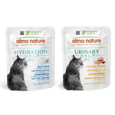Almo Nature Hydration Help HFC Ziegenmilch, natürliche Umami-Zutaten, geeignet für alle Lebensphasen. Fondazione Capellino, Zutaten ursprünglich für menschlichen Verzehr, jetzt Katzenfutter.