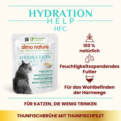 almo nature Hydration Help HFC Thunfischbrühe mit 25% Thunfischfilet. 100% natürlich, feuchtigkeitsspendendes Futter für das Wohlbefinden der Harnwege. Für Katzen, die wenig trinken.