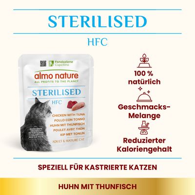 Almo Nature Sterilised HFC, speziell für kastrierte Katzen. Huhn mit Thunfisch, 100% natürlich, Geschmacks-Melange, reduzierter Kaloriengehalt. Für erwachsene und ältere Katzen.