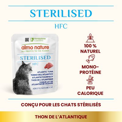 almo nature STERILISED HFC thon de l’Atlantique, conçu pour chats stérilisés, 100 % naturel, mono-protéine, peu calorique. Texte en anglais, italien, allemand et néerlandais visible.
