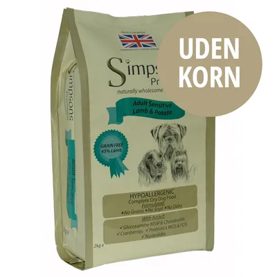 Simpsons Premium Adult Sensitive Lamb & Potato hundefoder, GRAIN FREE 45% Lamb, UDEN KORN, HYPOALLERGENIC, No Grains, No Soya, No Dairy, 2 kg pose med illustration af hunde.