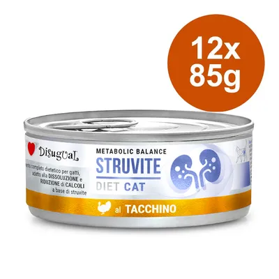 Disugual Struvite Diet Cat, dietetična hrana za mačke za podporo pri struvitnih kamnih, s puranom. Velikost pakiranja: 12x85g.