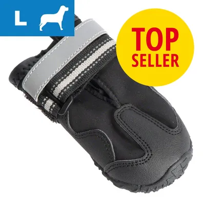 Sort hundesko i størrelse L med grå refleksrem og tekst: TOP SELLER. Hundesilhuet og bogstavet L vises øverst til venstre.