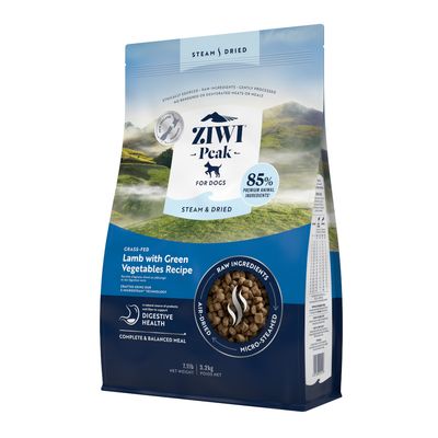 Ziwi Peak for Dogs, Lamb with Green Vegetables Recipe, 85% premium animal ingredients, masa netto 3,2 kg. Widoczne granulki karmy i informacje o technologii steam & dried.