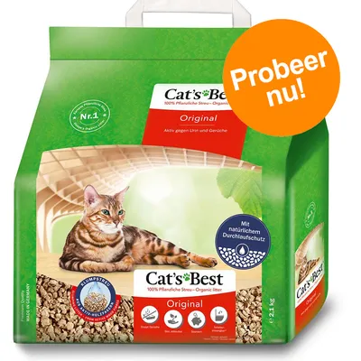 Cat's Best Original 100% plantaardige kattenbakvulling, verpakking met kat, tekst: Probeer nu!, Mit natürlichem Durchlaufschutz, Nr.1, klontvormend, bio-afbreekbaar, 21,1 kg