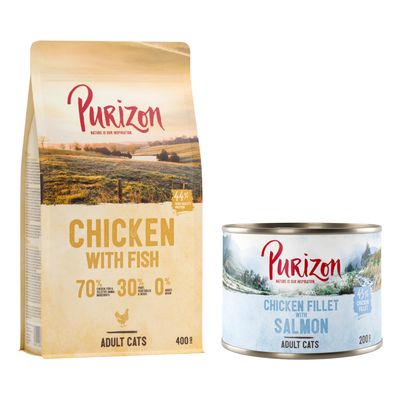 Purizon Chicken with Fish pour chats adultes, 70 % ingrédients animaux, 30 % végétaux. Boîte Purizon Chicken Fillet with Turkey & Salmon, 45 % filet de poulet, 200 g. Badge Bi-nutrition.