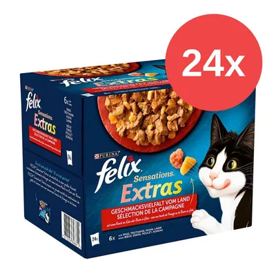 Purina Felix Sensations Extras, Geschmacksvielfalt vom Land, 24x Portionsbeutel mit Rind, Truthahn, Huhn und Lamm. Purina Felix Sensations Extras, Geschmacksvielfalt vom Land, 24x Portionsbeutel mit Rind, Truthahn, Huhn und Lamm.